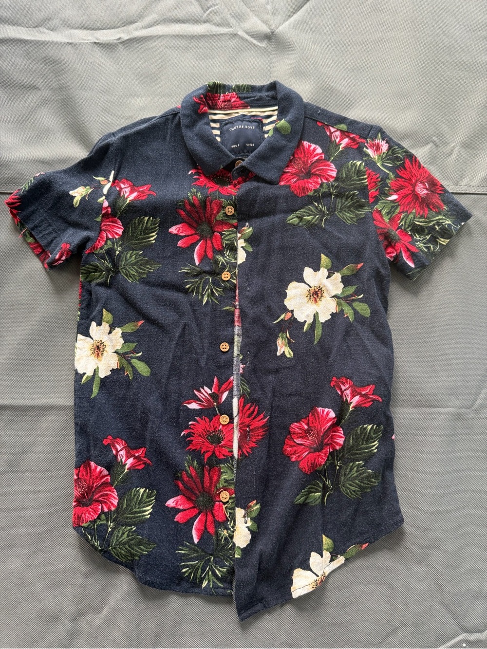 Cactus Boys Navy Floral Short Sleeve Button-Down with Red & White Blooms